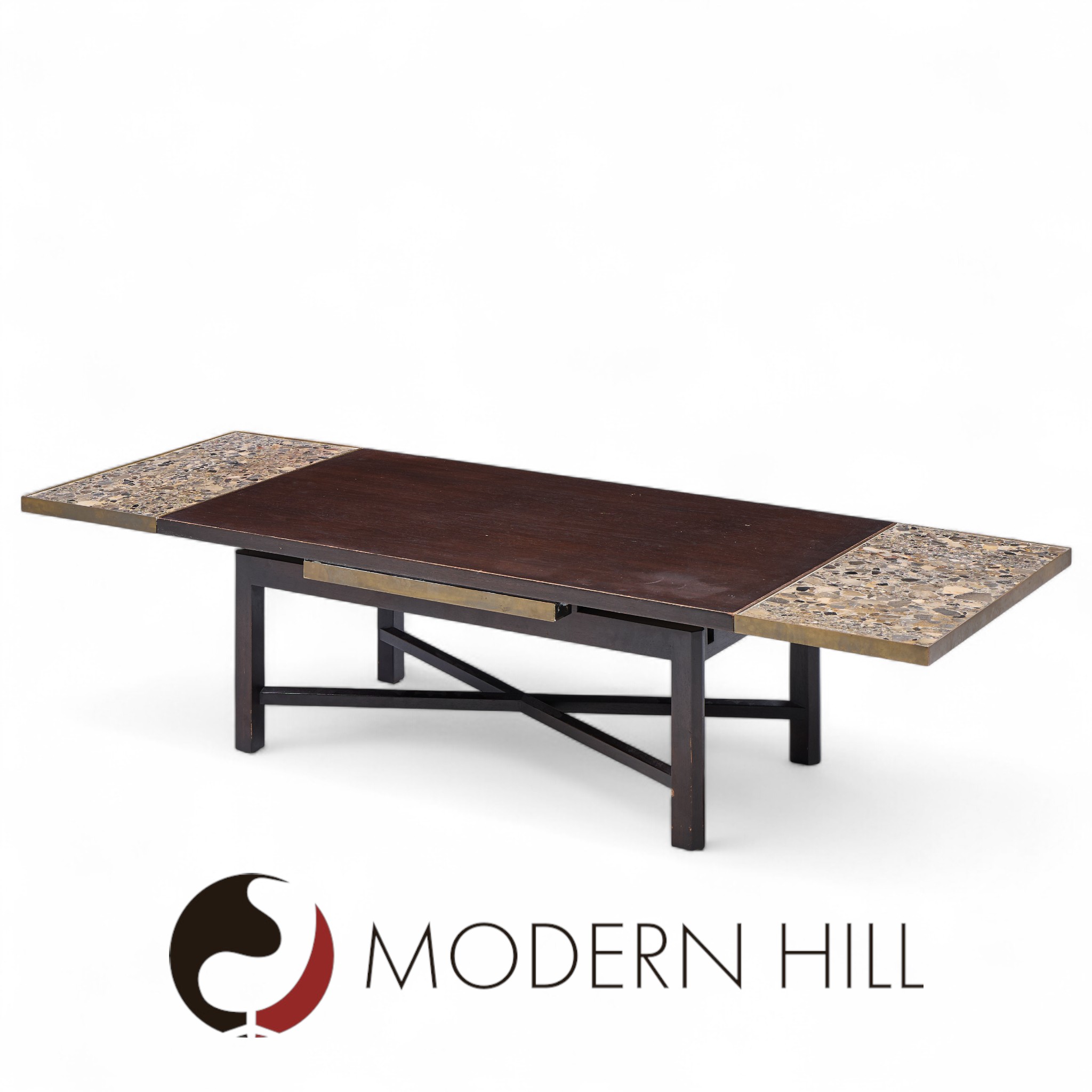 Edward Wormley for Dunbar Mid Century Walnut Stone and Brass Expanding Coffee Table