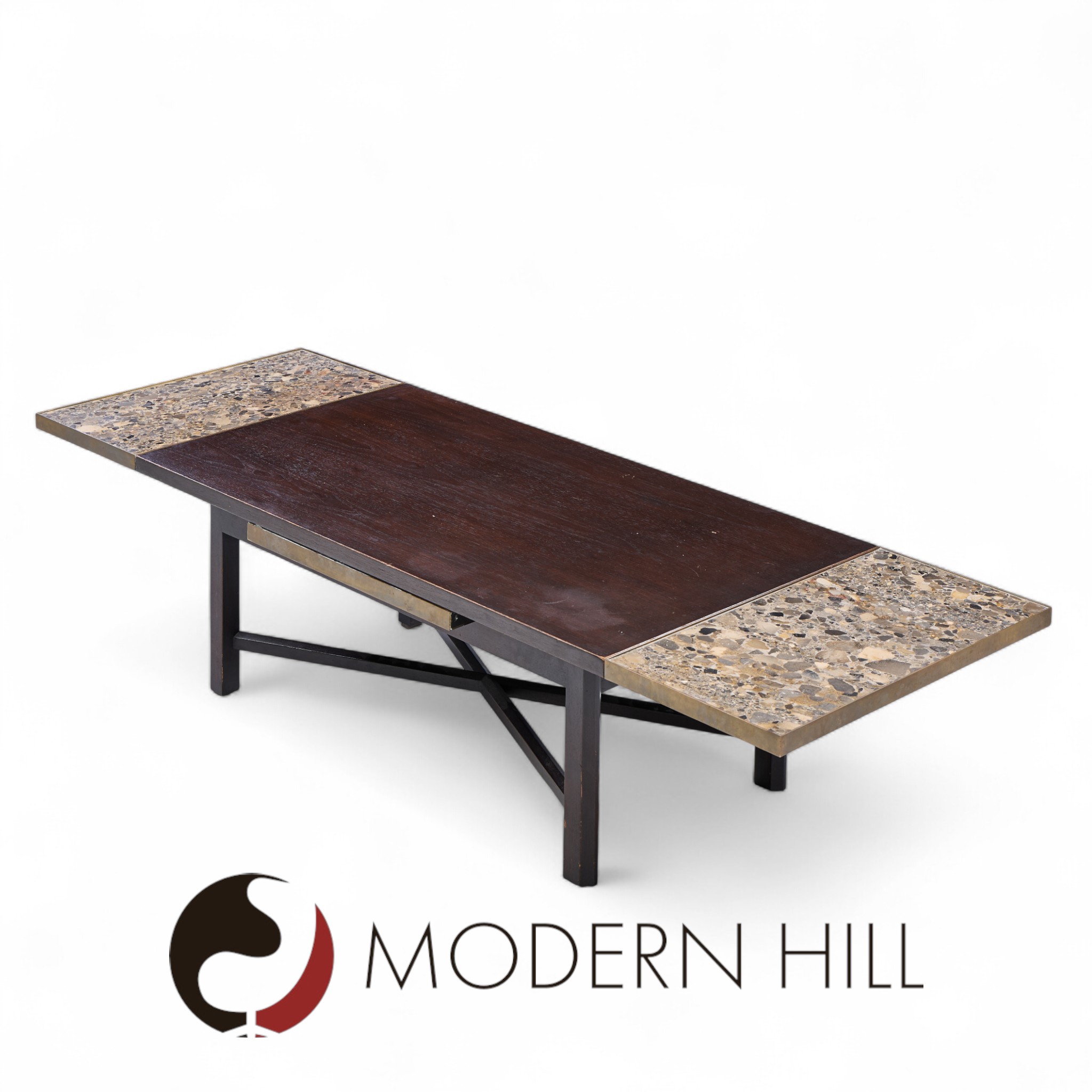 Edward Wormley for Dunbar Mid Century Walnut Stone and Brass Expanding Coffee Table