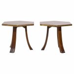 Harvey Probber Mid Century Acid Etched Bronze and Mahogany Hexagon Side Tables - Pair