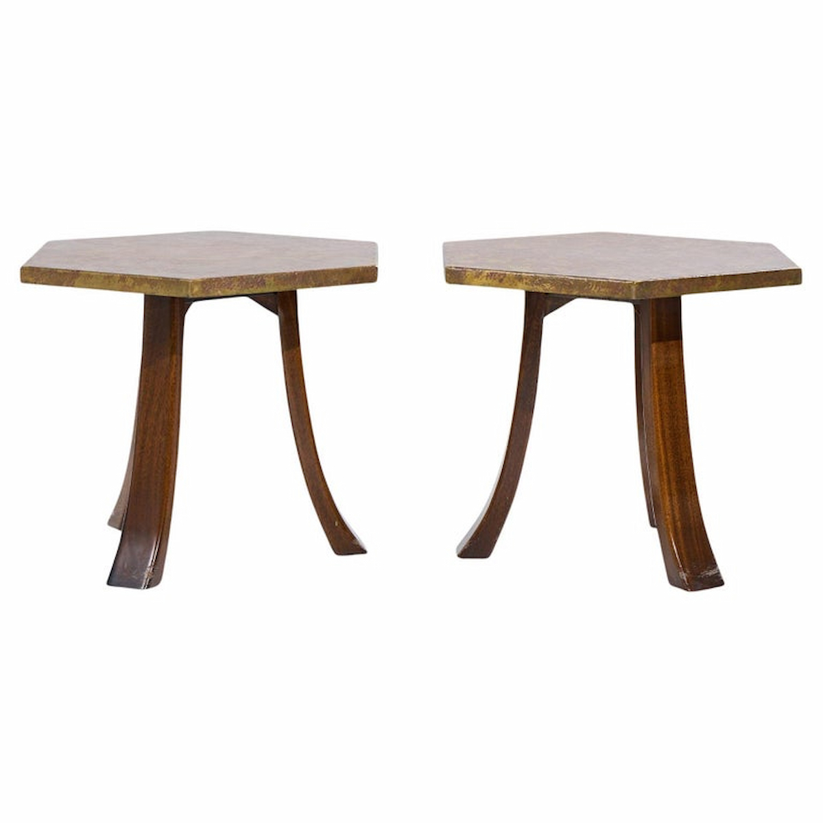 Harvey Probber Mid Century Acid Etched Bronze and Mahogany Hexagon Side Tables - Pair