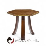 Harvey Probber Mid Century Acid Etched Bronze and Mahogany Hexagon Side Tables - Pair