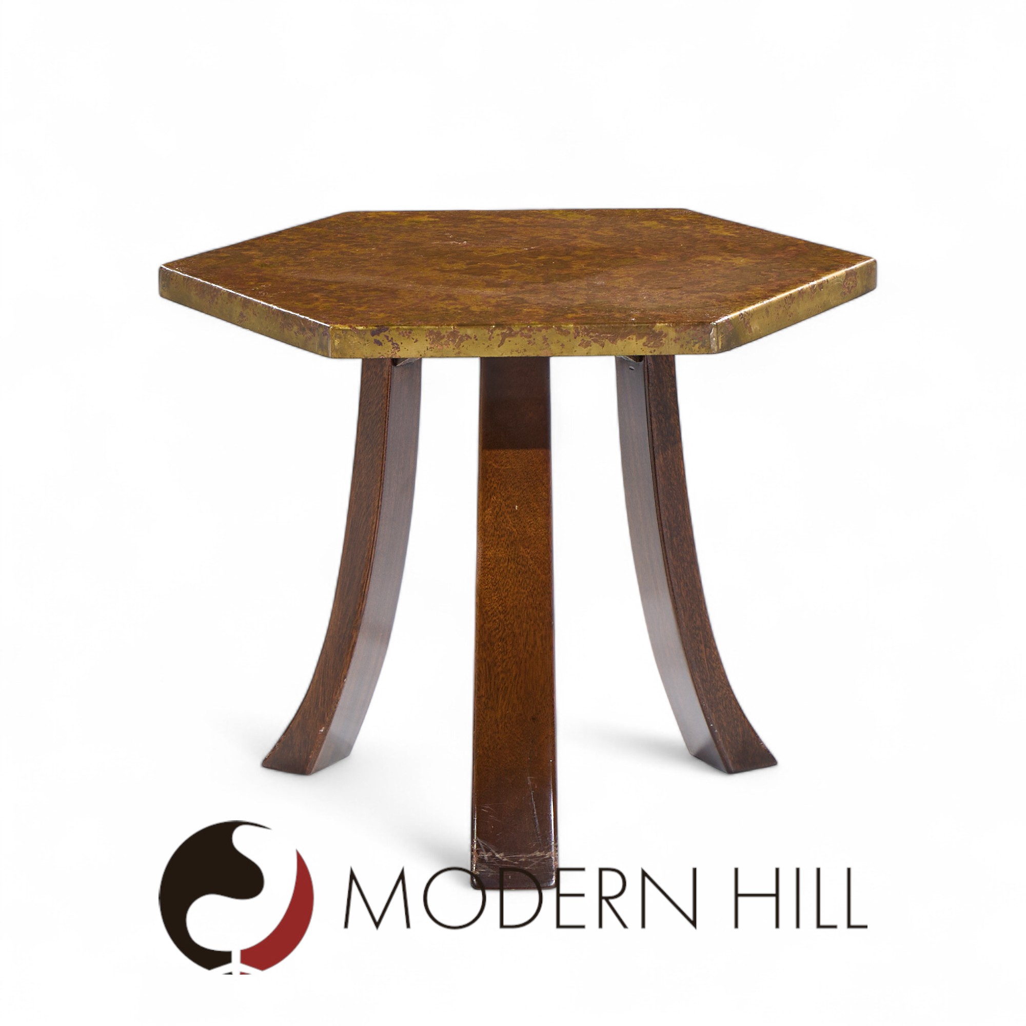 Harvey Probber Mid Century Acid Etched Bronze and Mahogany Hexagon Side Tables - Pair