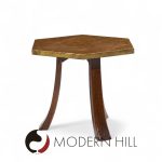 Harvey Probber Mid Century Acid Etched Bronze and Mahogany Hexagon Side Tables - Pair