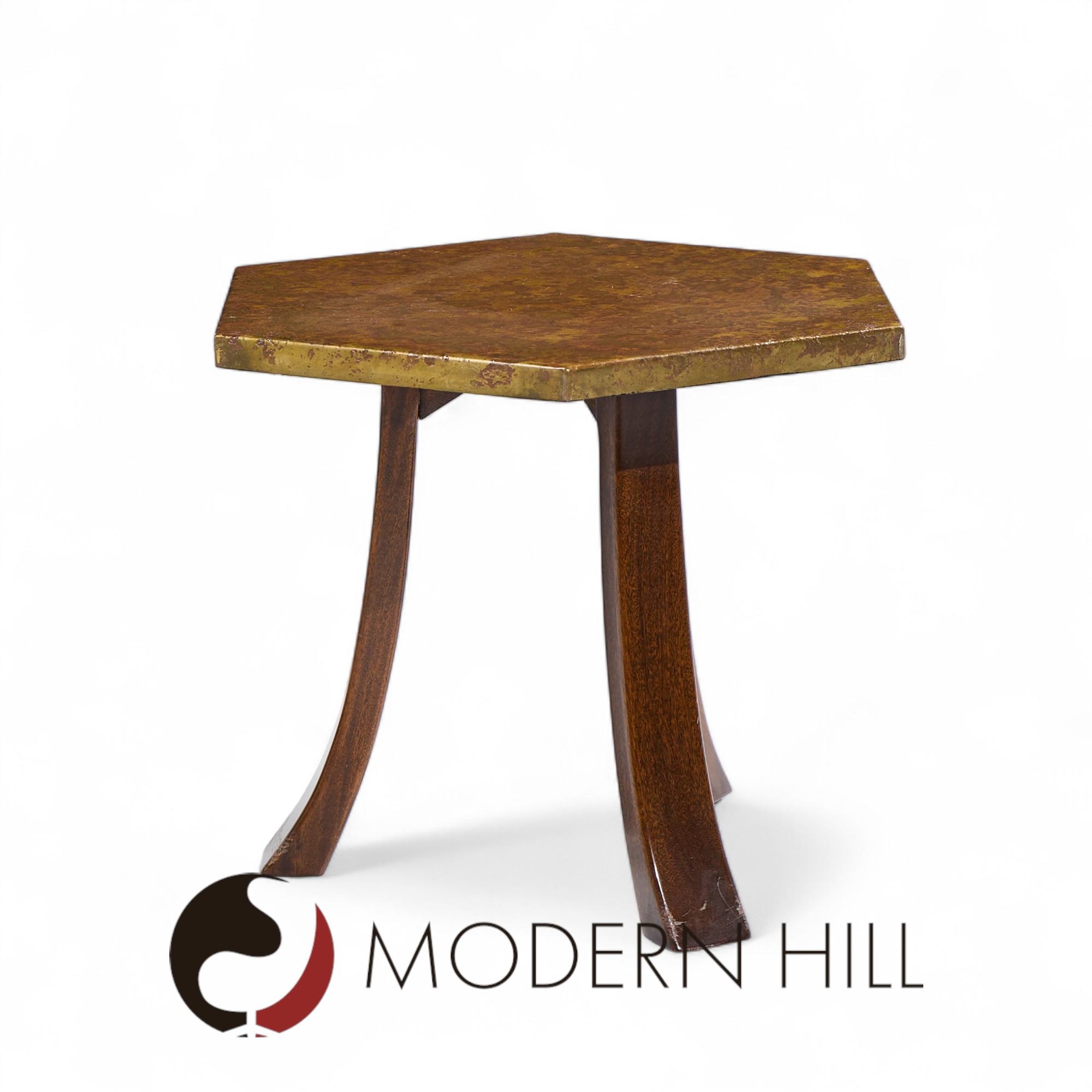 Harvey Probber Mid Century Acid Etched Bronze and Mahogany Hexagon Side Tables - Pair