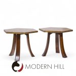 Harvey Probber Mid Century Acid Etched Bronze and Mahogany Hexagon Side Tables - Pair