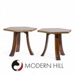 Harvey Probber Mid Century Acid Etched Bronze and Mahogany Hexagon Side Tables - Pair