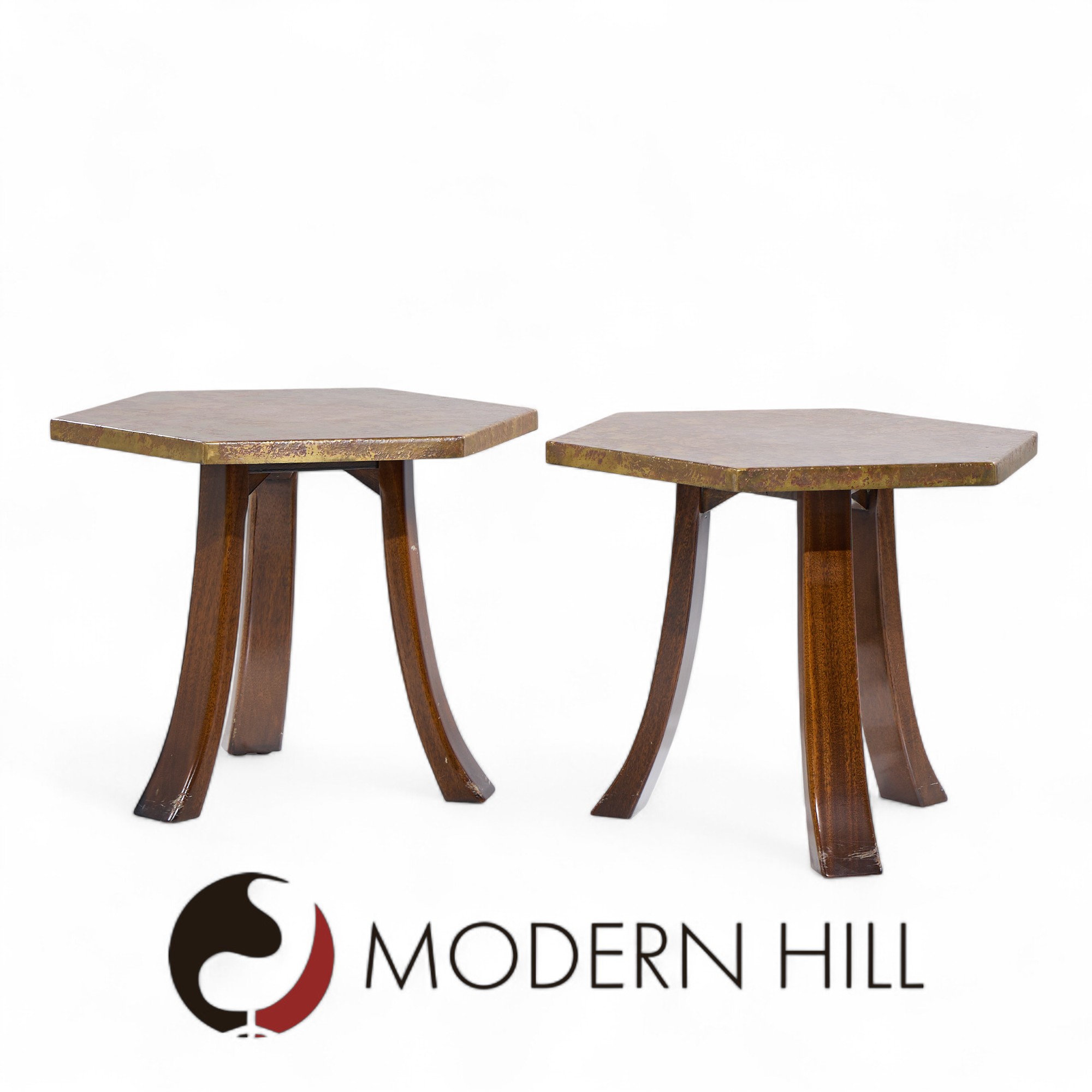 Harvey Probber Mid Century Acid Etched Bronze and Mahogany Hexagon Side Tables - Pair