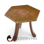 Harvey Probber Mid Century Acid Etched Bronze and Mahogany Hexagon Side Tables - Pair