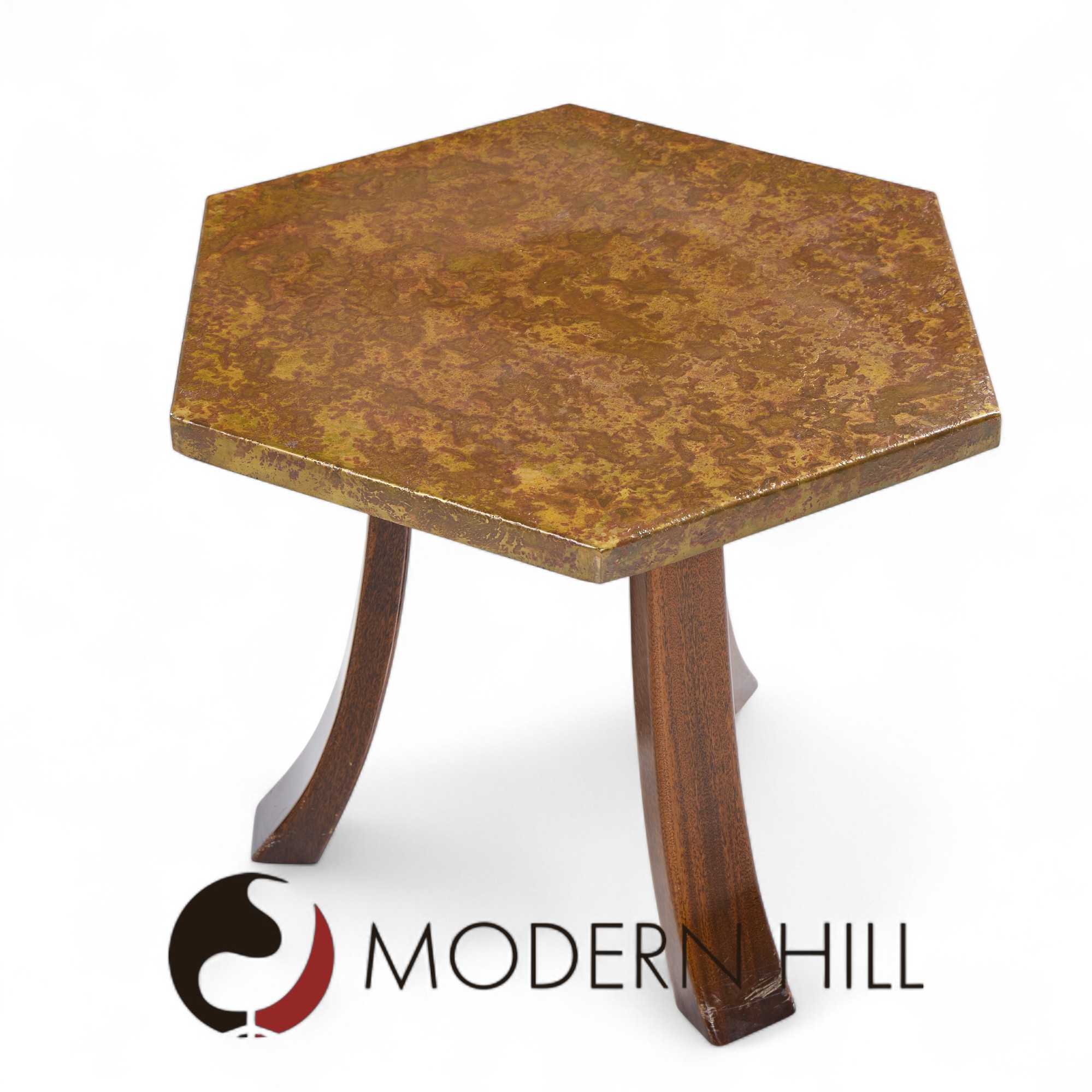 Harvey Probber Mid Century Acid Etched Bronze and Mahogany Hexagon Side Tables - Pair