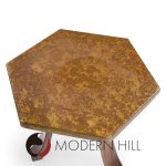 Harvey Probber Mid Century Acid Etched Bronze and Mahogany Hexagon Side Tables - Pair