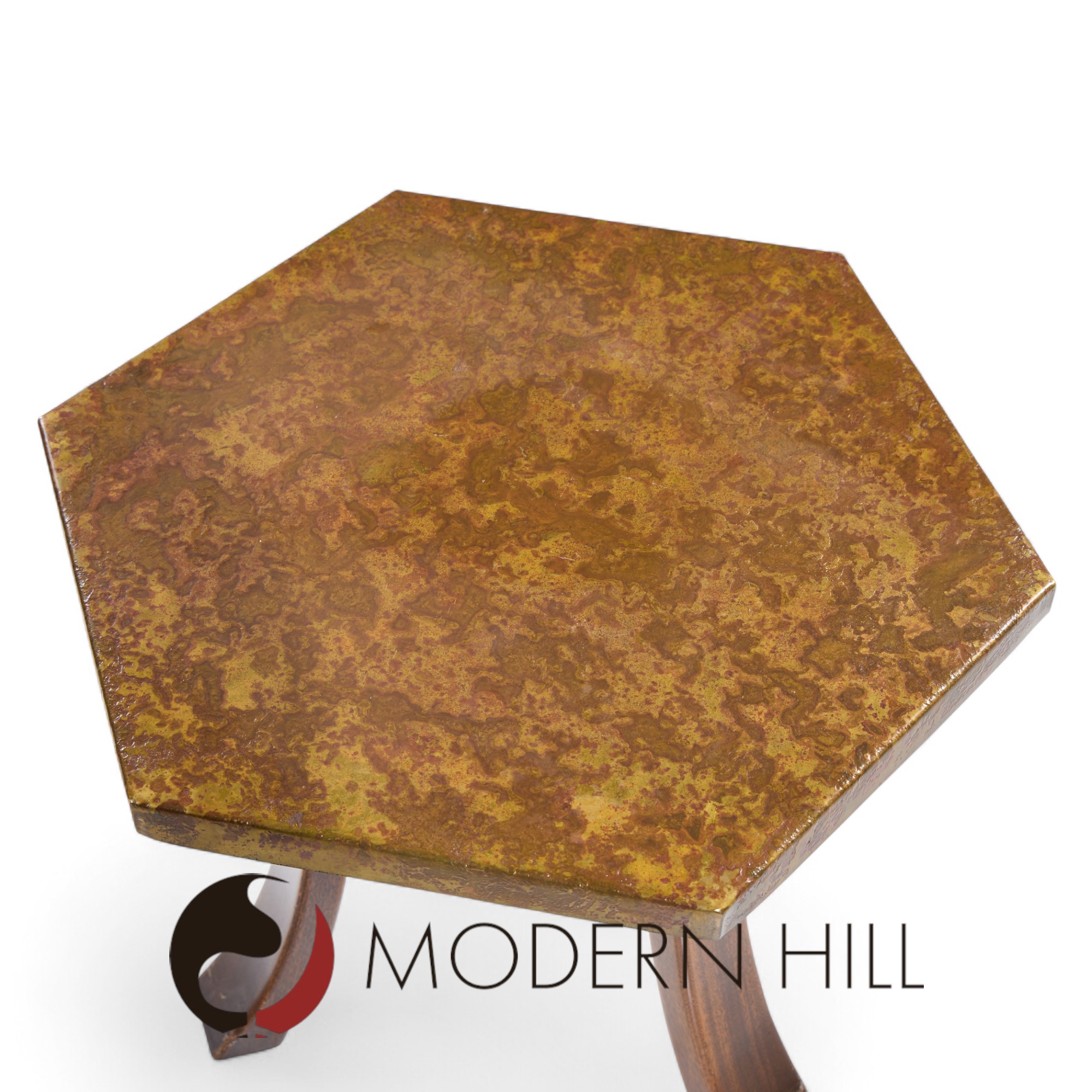 Harvey Probber Mid Century Acid Etched Bronze and Mahogany Hexagon Side Tables - Pair