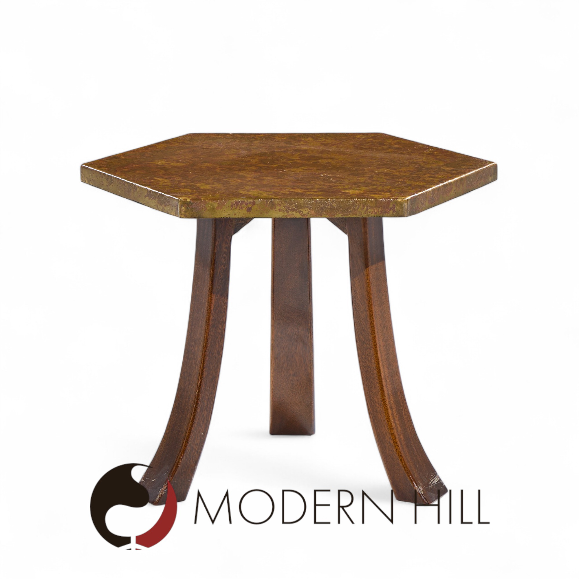 Harvey Probber Mid Century Acid Etched Bronze and Mahogany Hexagon Side Tables - Pair