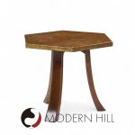 Harvey Probber Mid Century Acid Etched Bronze and Mahogany Hexagon Side Tables - Pair