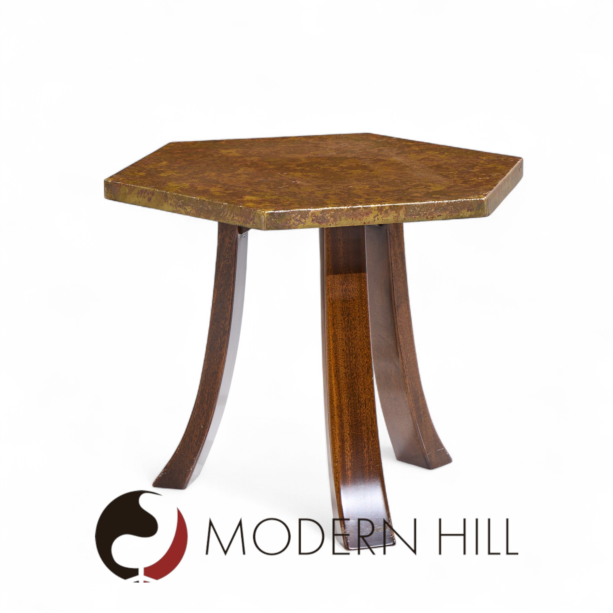 Harvey Probber Mid Century Acid Etched Bronze and Mahogany Hexagon Side Tables - Pair