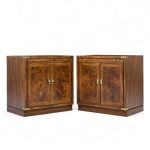 Hickory Manufacturing Mid Century Burlwood and Brass Nightstands - Pair
