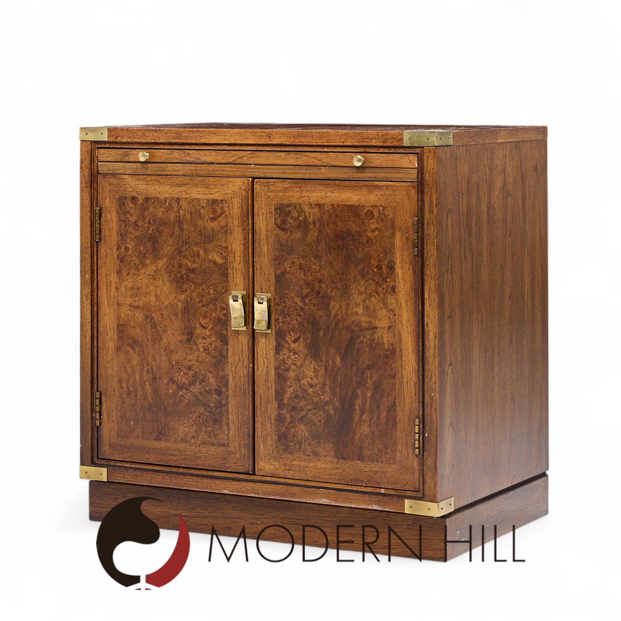 Hickory Manufacturing Mid Century Burlwood and Brass Nightstands - Pair