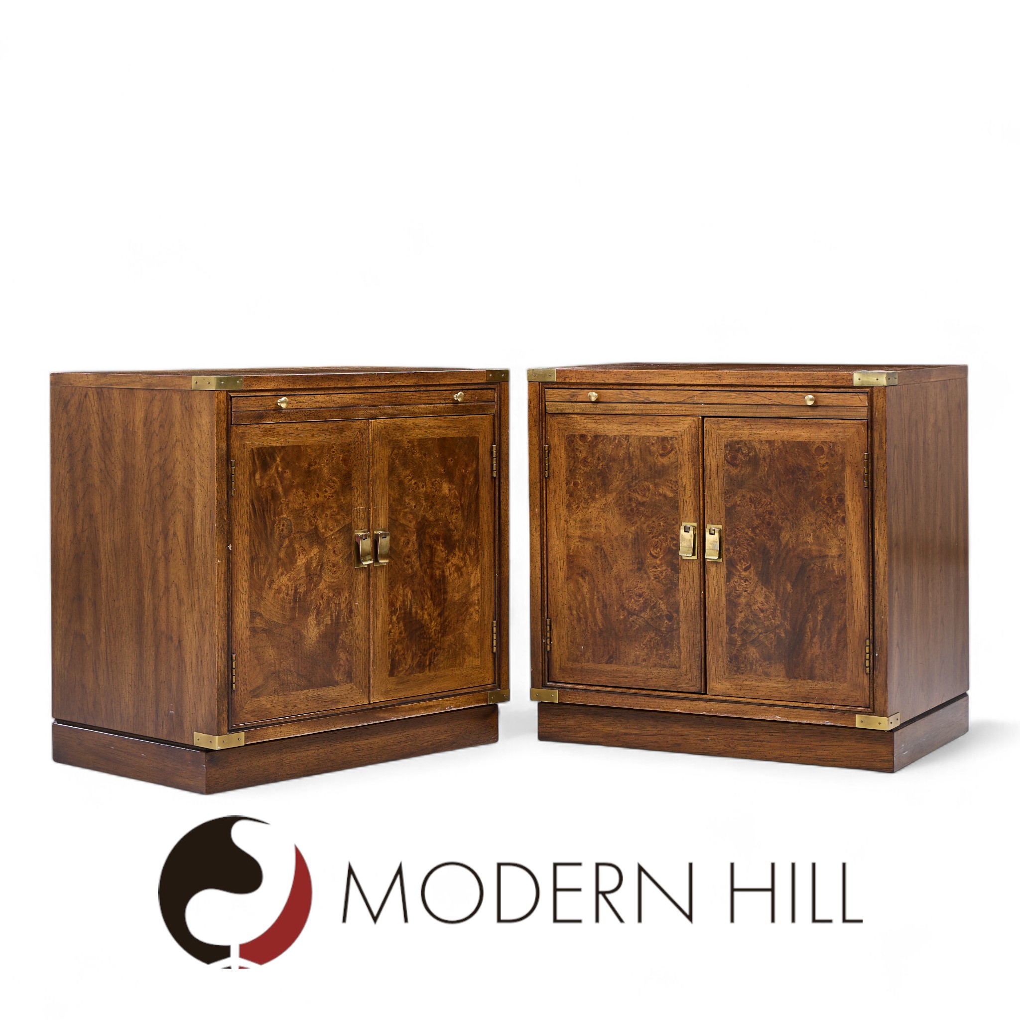 Hickory Manufacturing Mid Century Burlwood and Brass Nightstands - Pair