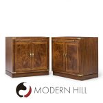 Hickory Manufacturing Mid Century Burlwood and Brass Nightstands - Pair
