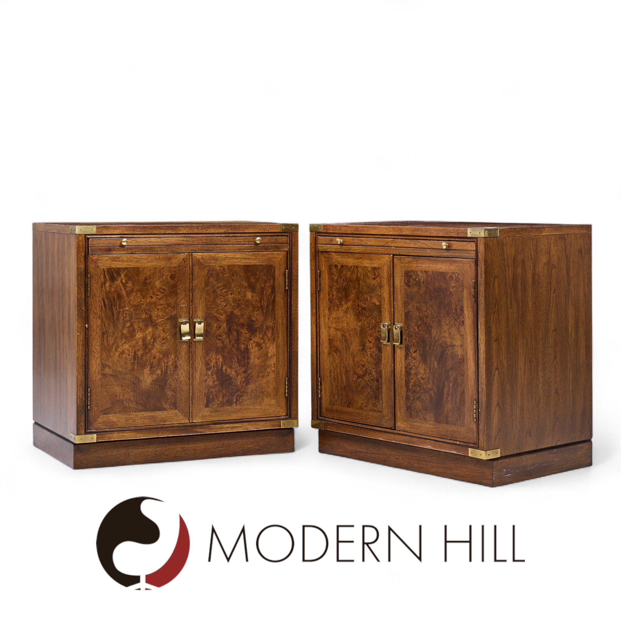 Hickory Manufacturing Mid Century Burlwood and Brass Nightstands - Pair
