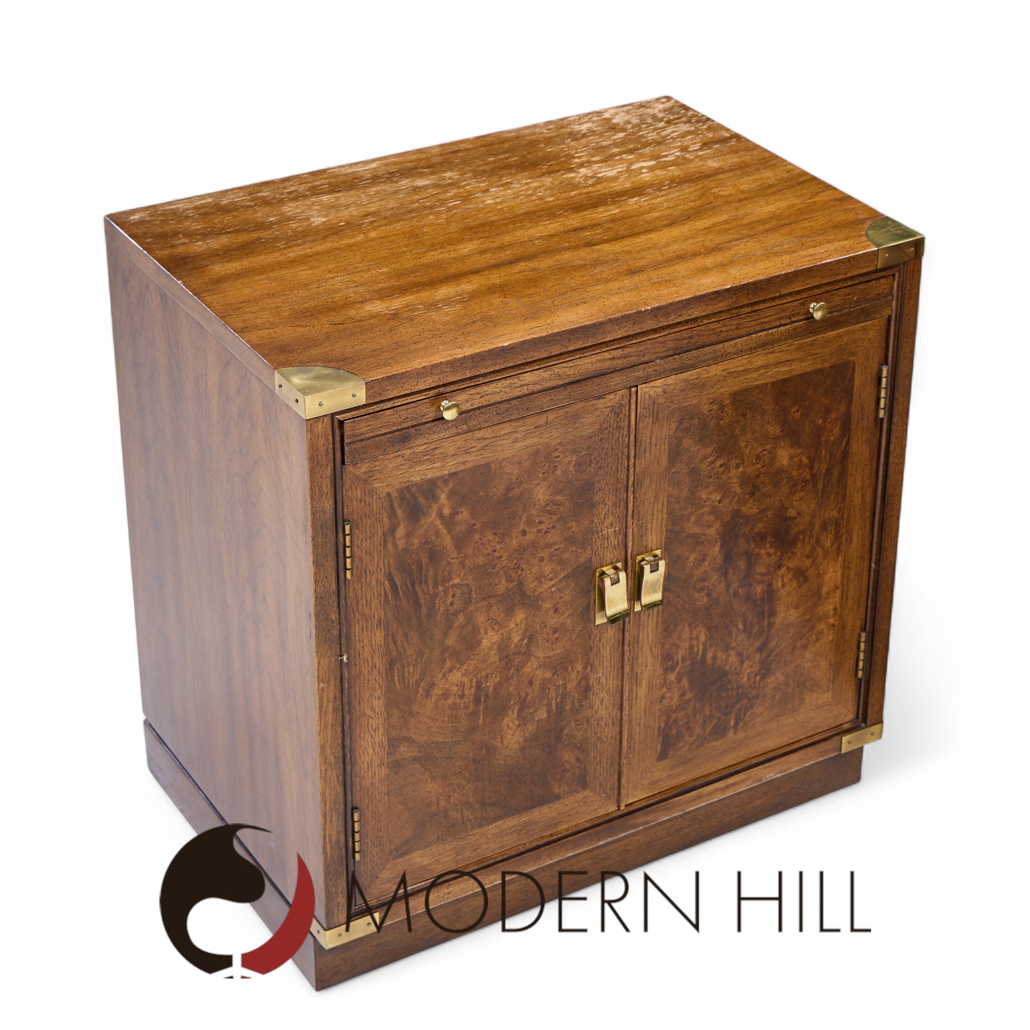 Hickory Manufacturing Mid Century Burlwood and Brass Nightstands - Pair