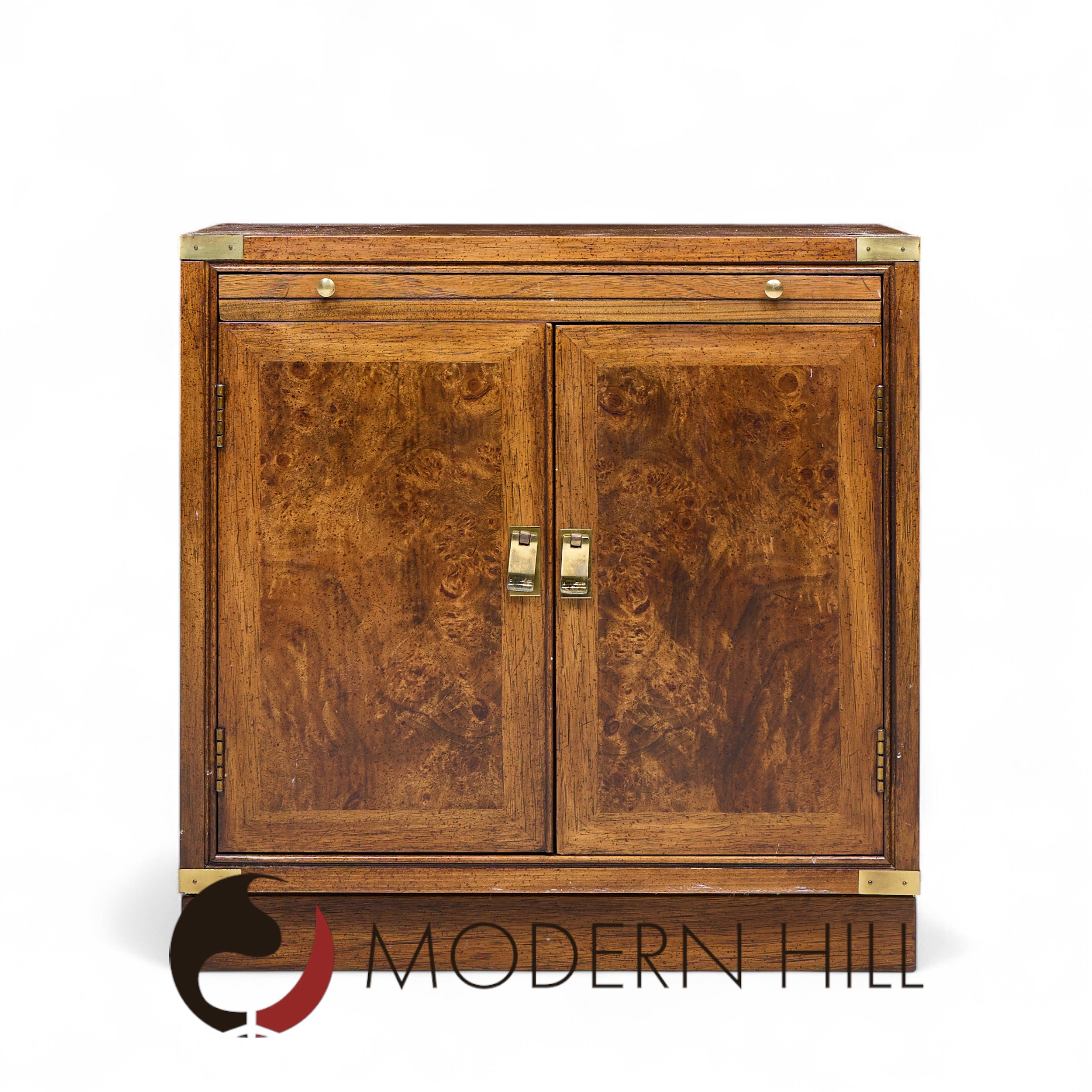 Hickory Manufacturing Mid Century Burlwood and Brass Nightstands - Pair