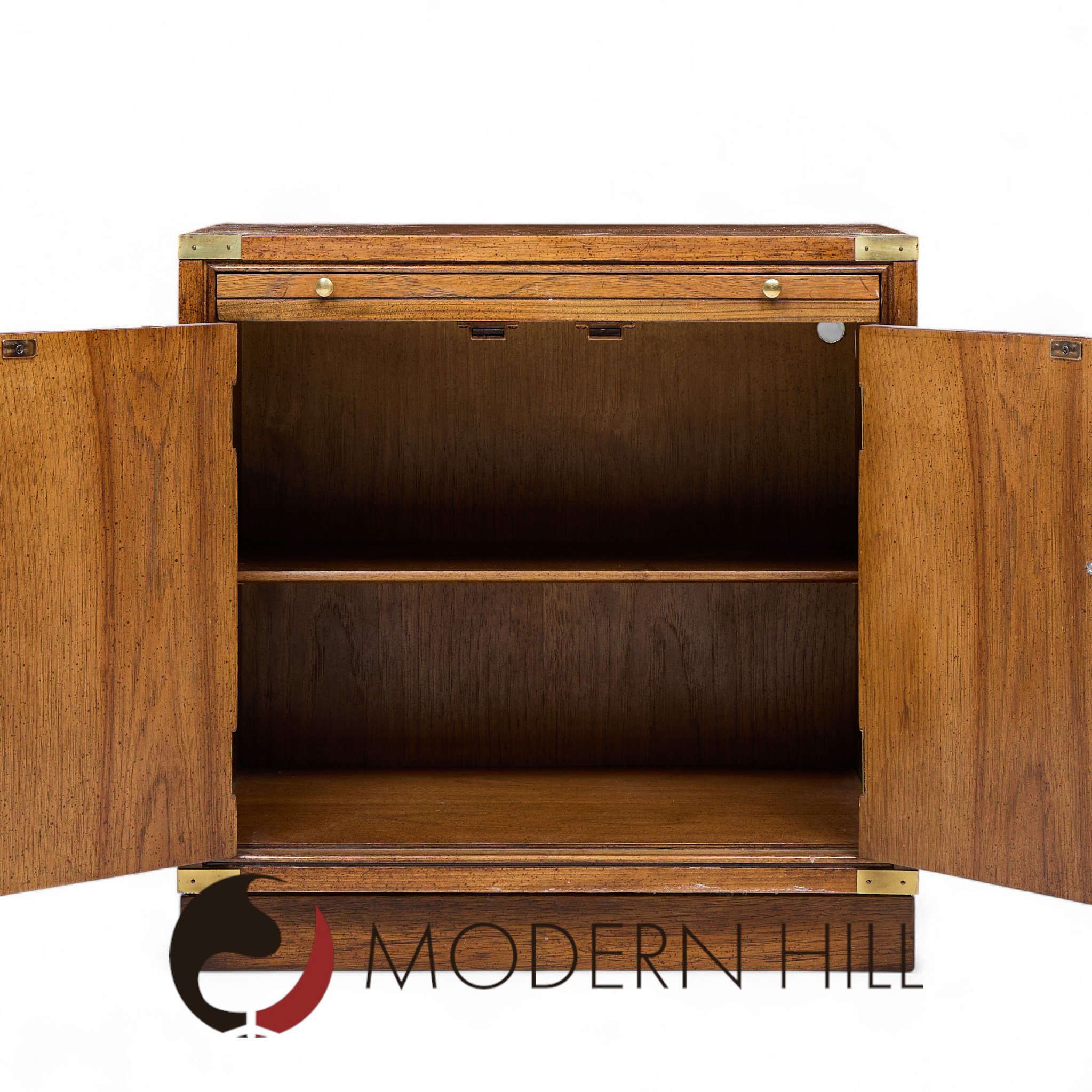 Hickory Manufacturing Mid Century Burlwood and Brass Nightstands - Pair