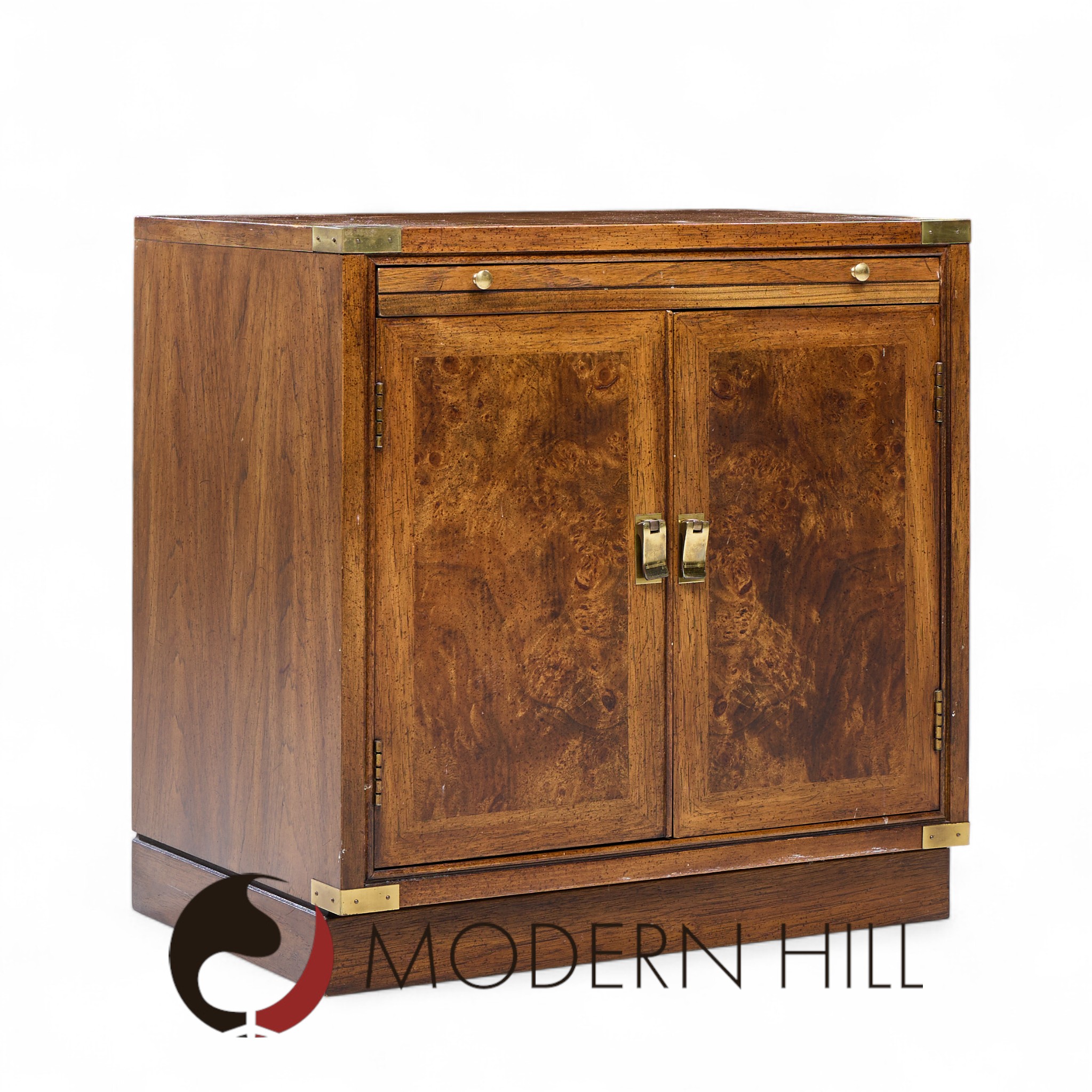 Hickory Manufacturing Mid Century Burlwood and Brass Nightstands - Pair