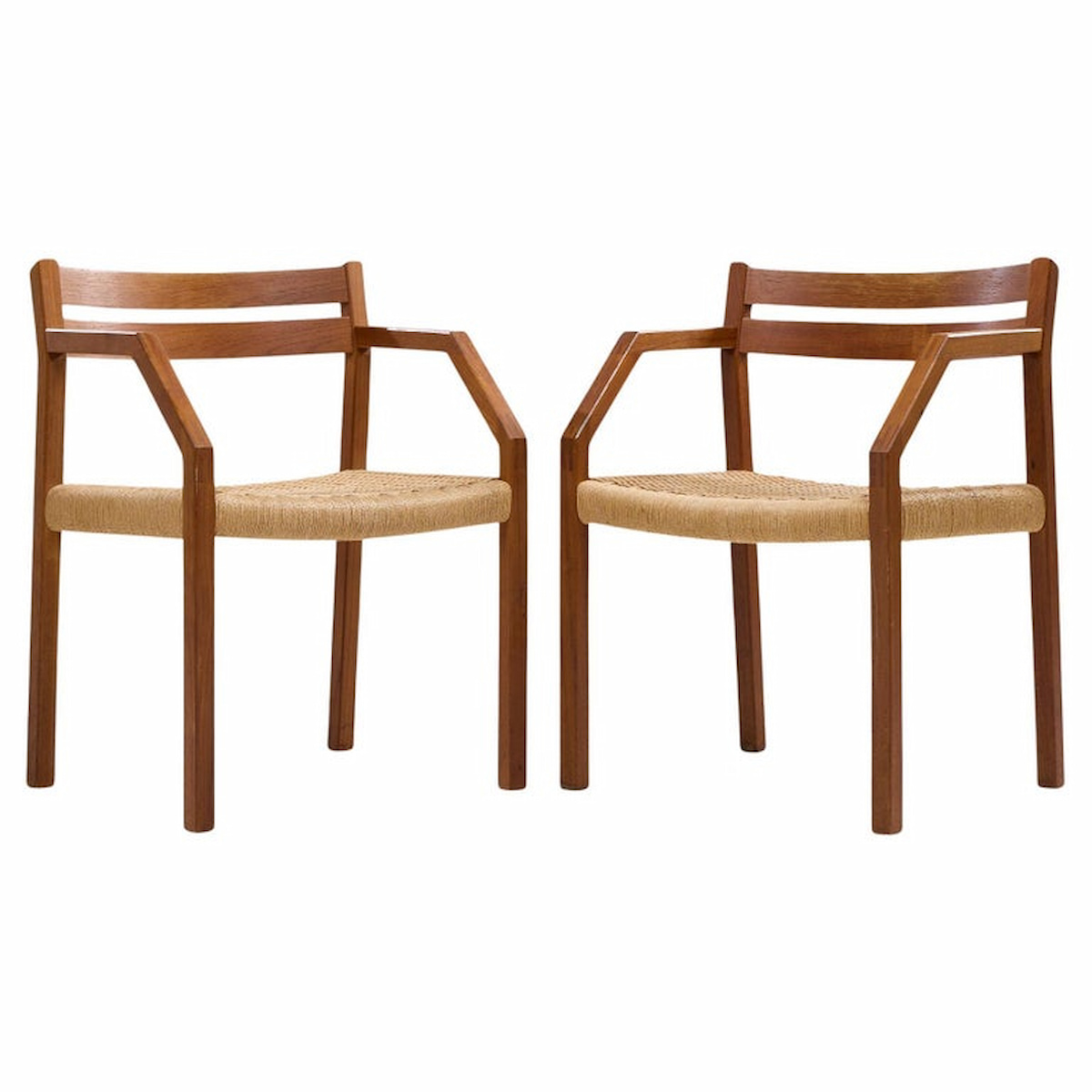 Jorgen Henrik Moller for J.l. Moller Mobelfabrik Mid Century Danish Teak and Paper Cord Dining Chairs - Pair