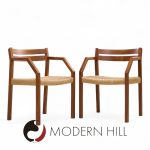 Jorgen Henrik Moller for J.l. Moller Mobelfabrik Mid Century Danish Teak and Paper Cord Dining Chairs - Pair