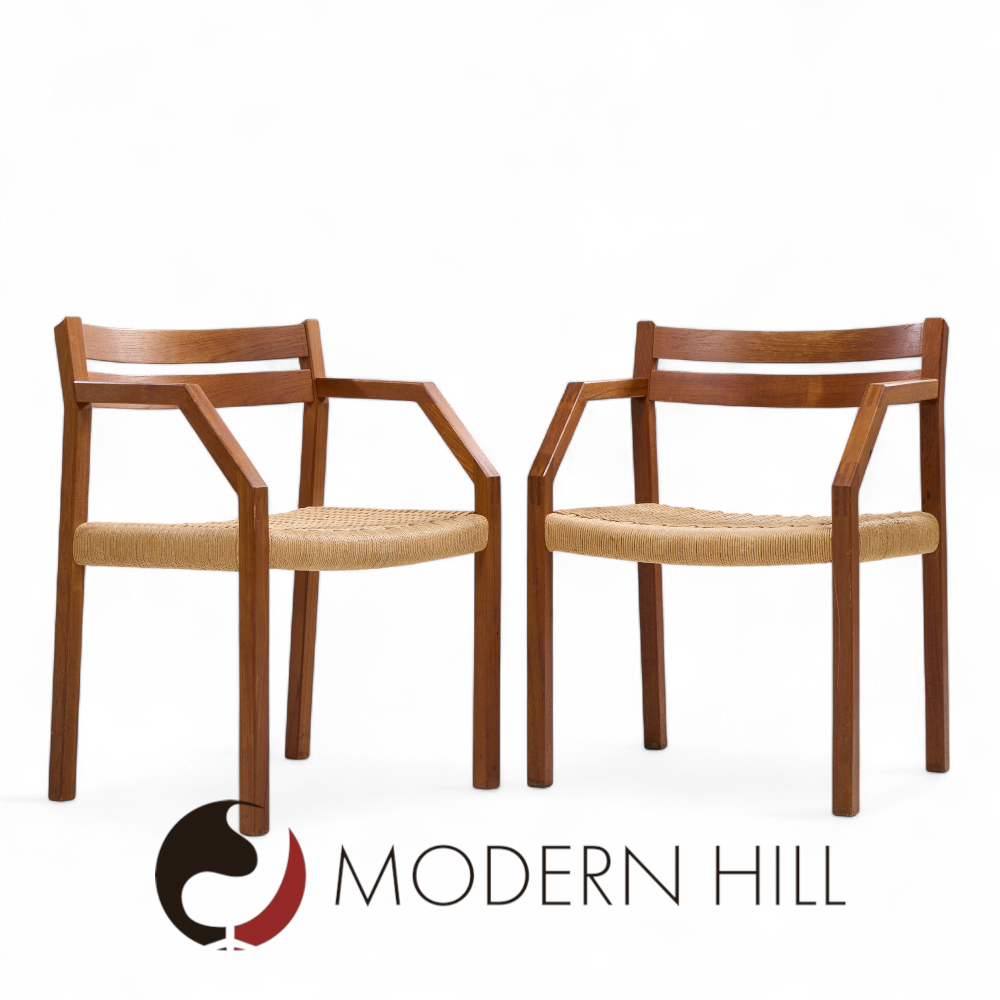 Jorgen Henrik Moller for J.l. Moller Mobelfabrik Mid Century Danish Teak and Paper Cord Dining Chairs - Pair