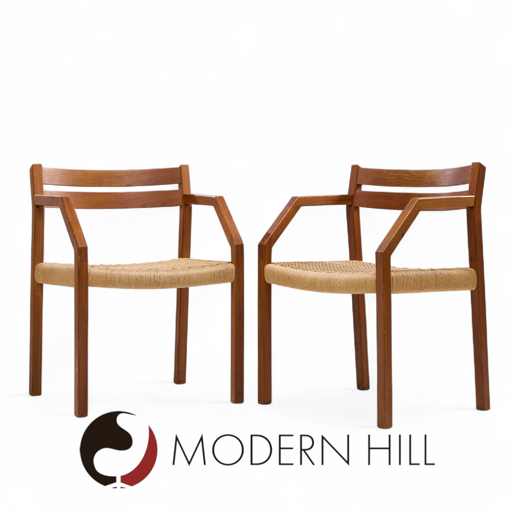 Jorgen Henrik Moller for J.l. Moller Mobelfabrik Mid Century Danish Teak and Paper Cord Dining Chairs - Pair