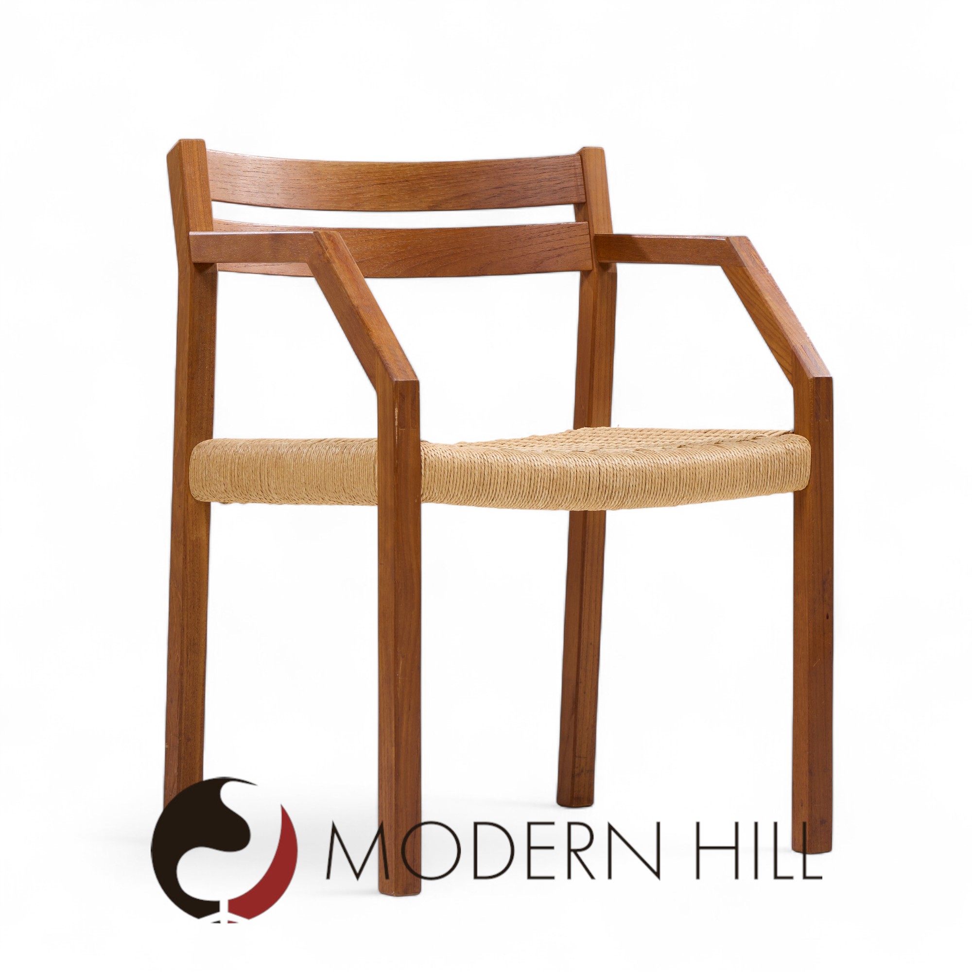 Jorgen Henrik Moller for J.l. Moller Mobelfabrik Mid Century Danish Teak and Paper Cord Dining Chairs - Pair