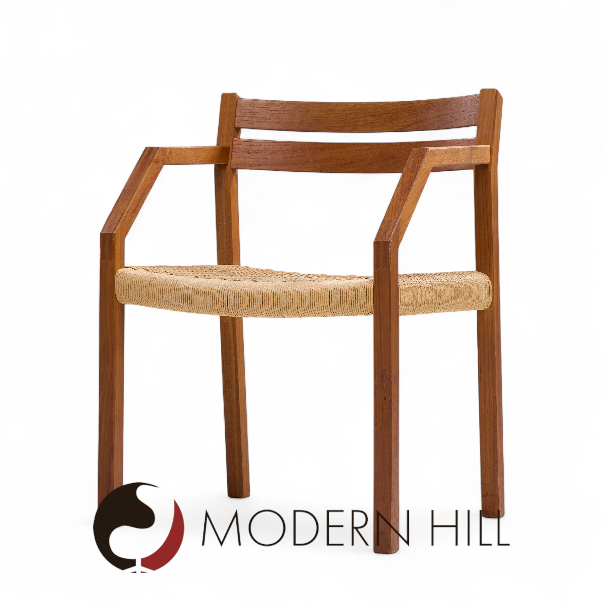 Jorgen Henrik Moller for J.l. Moller Mobelfabrik Mid Century Danish Teak and Paper Cord Dining Chairs - Pair