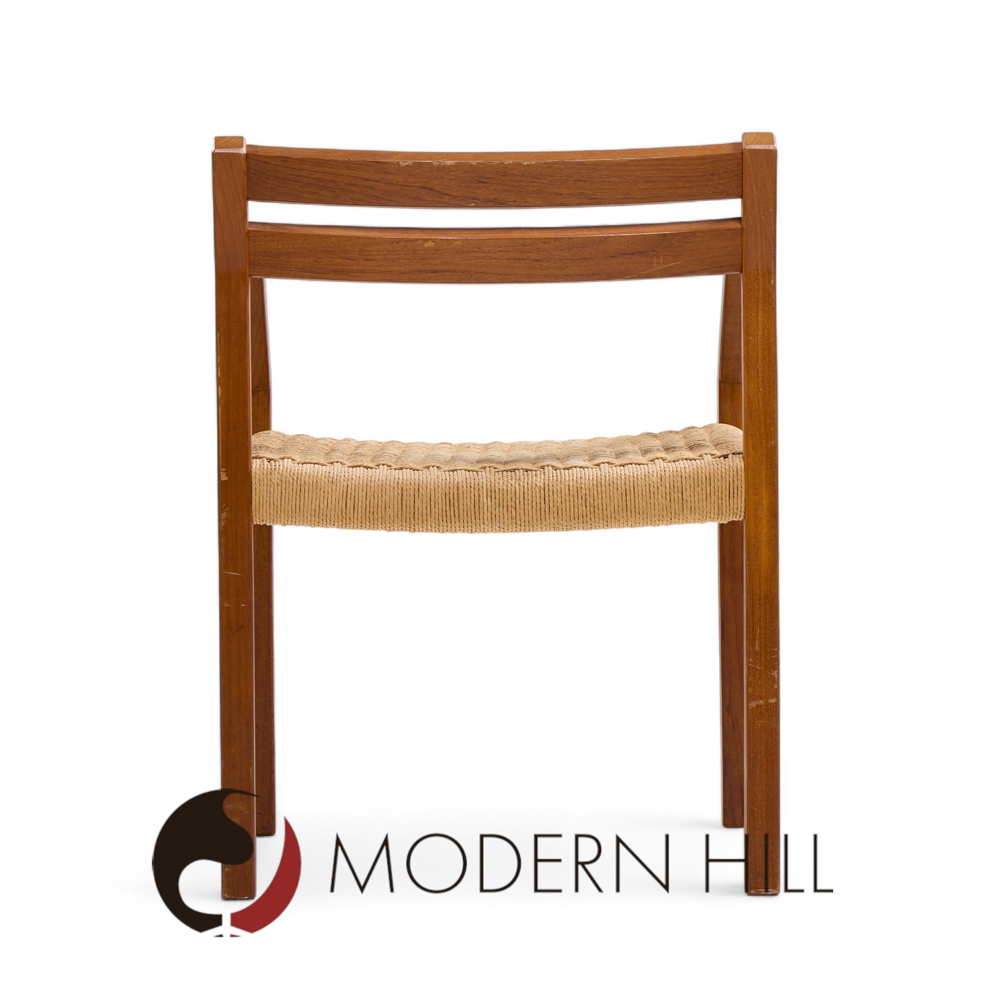 Jorgen Henrik Moller for J.l. Moller Mobelfabrik Mid Century Danish Teak and Paper Cord Dining Chairs - Pair