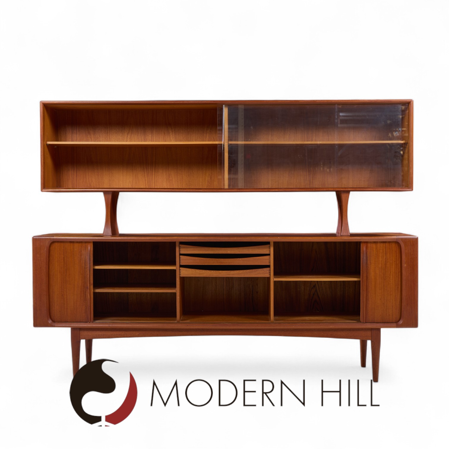 Mid Century Teak Tambour Buffet and Hutch
