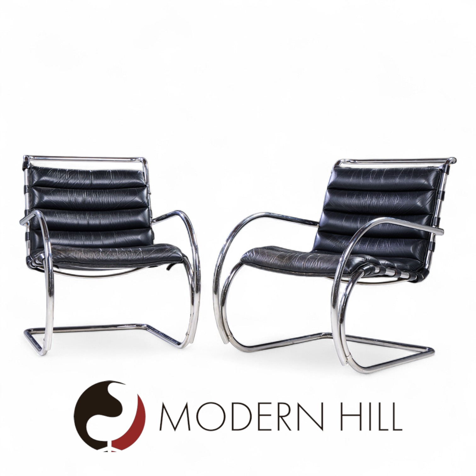 Mies Van Der Rohe for Knoll Mr Mid Century Black Leather Lounge Chairs - Pair