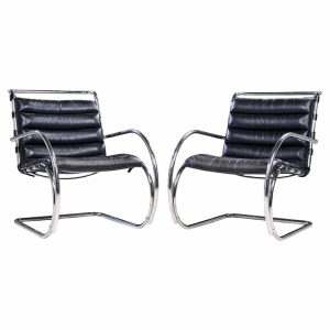 Mies Van Der Rohe for Knoll Mr Mid Century Black Leather Lounge Chairs - Pair