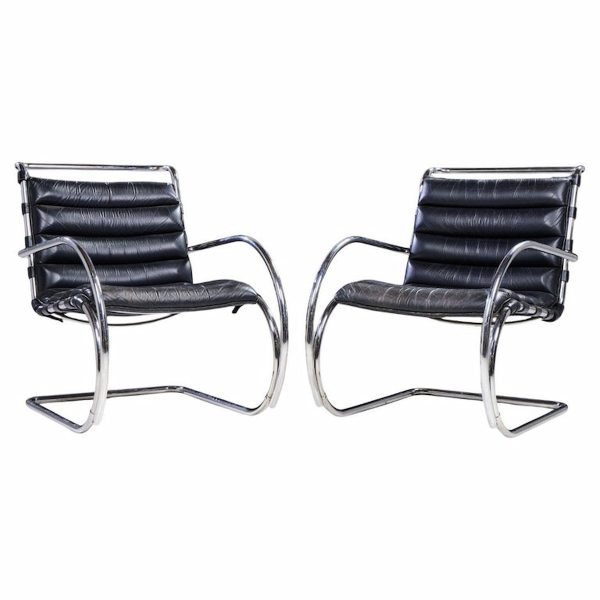Mies Van Der Rohe for Knoll Mr Mid Century Black Leather Lounge Chairs - Pair
