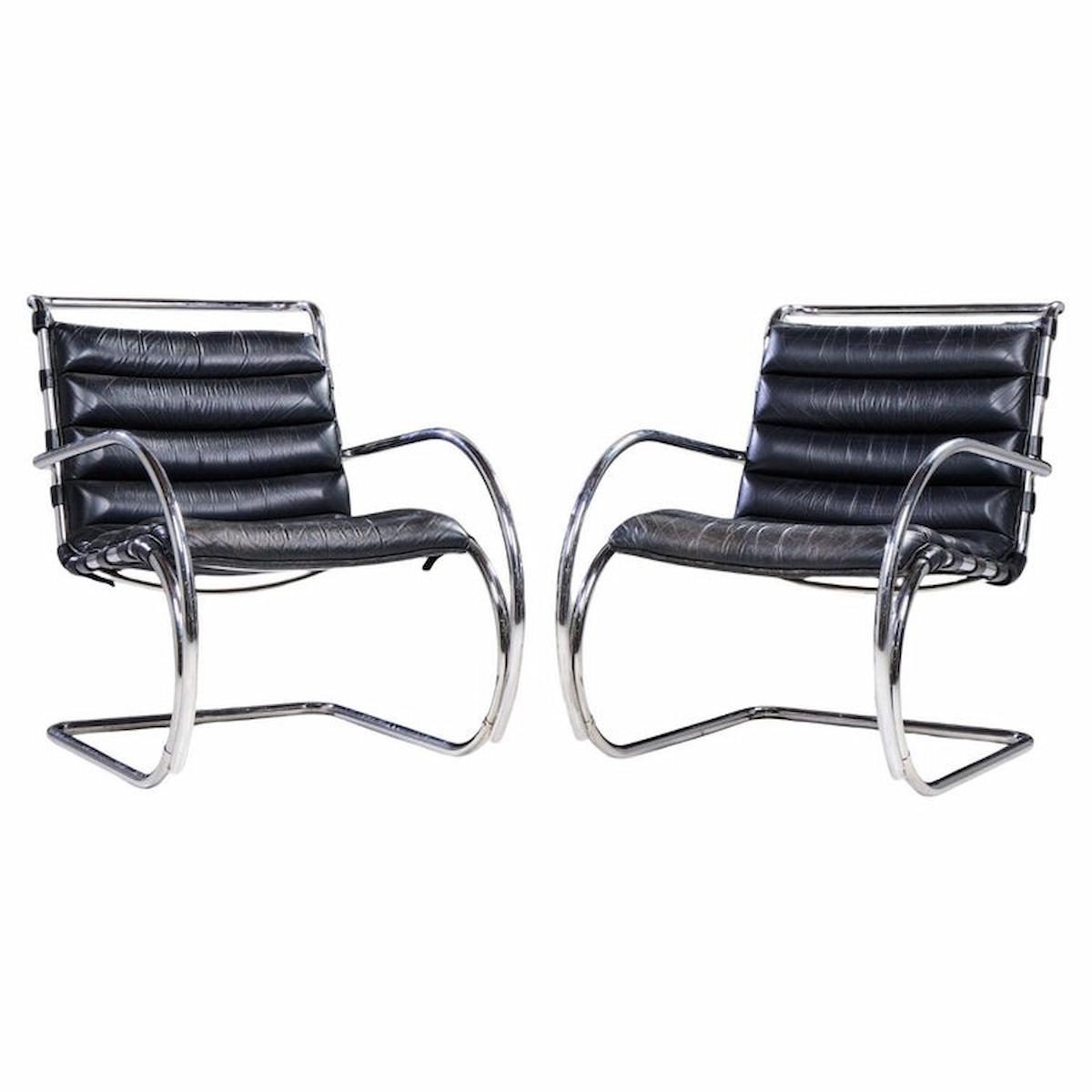 Mies Van Der Rohe for Knoll Mr Mid Century Black Leather Lounge Chairs - Pair