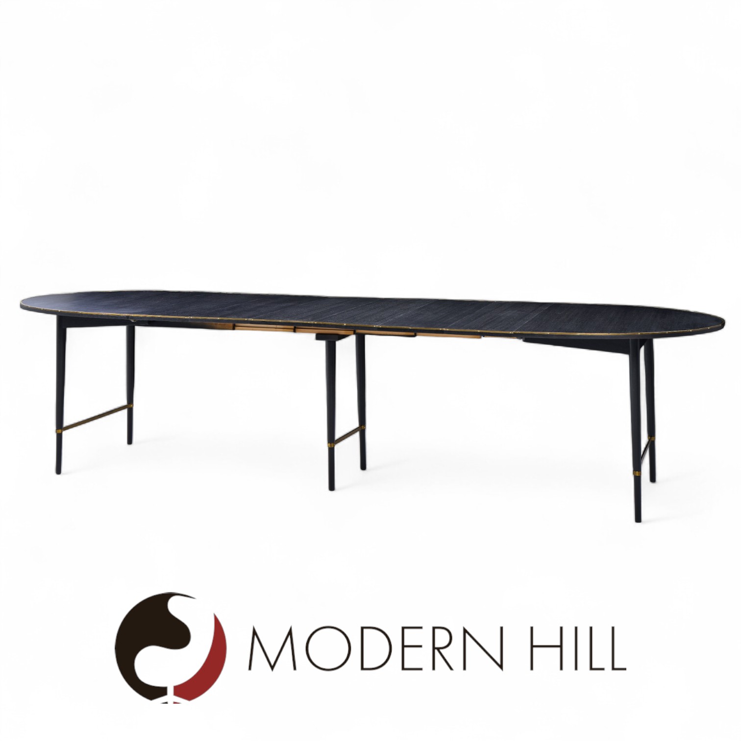 Paul Mccobb for Calvin mid Century Walnut and Brass Dining Table with 6 Leaves
