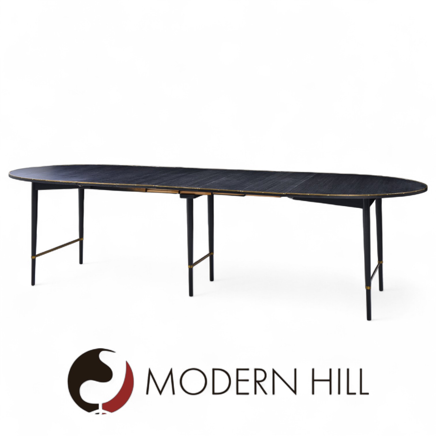 Paul Mccobb for Calvin mid Century Walnut and Brass Dining Table with 6 Leaves