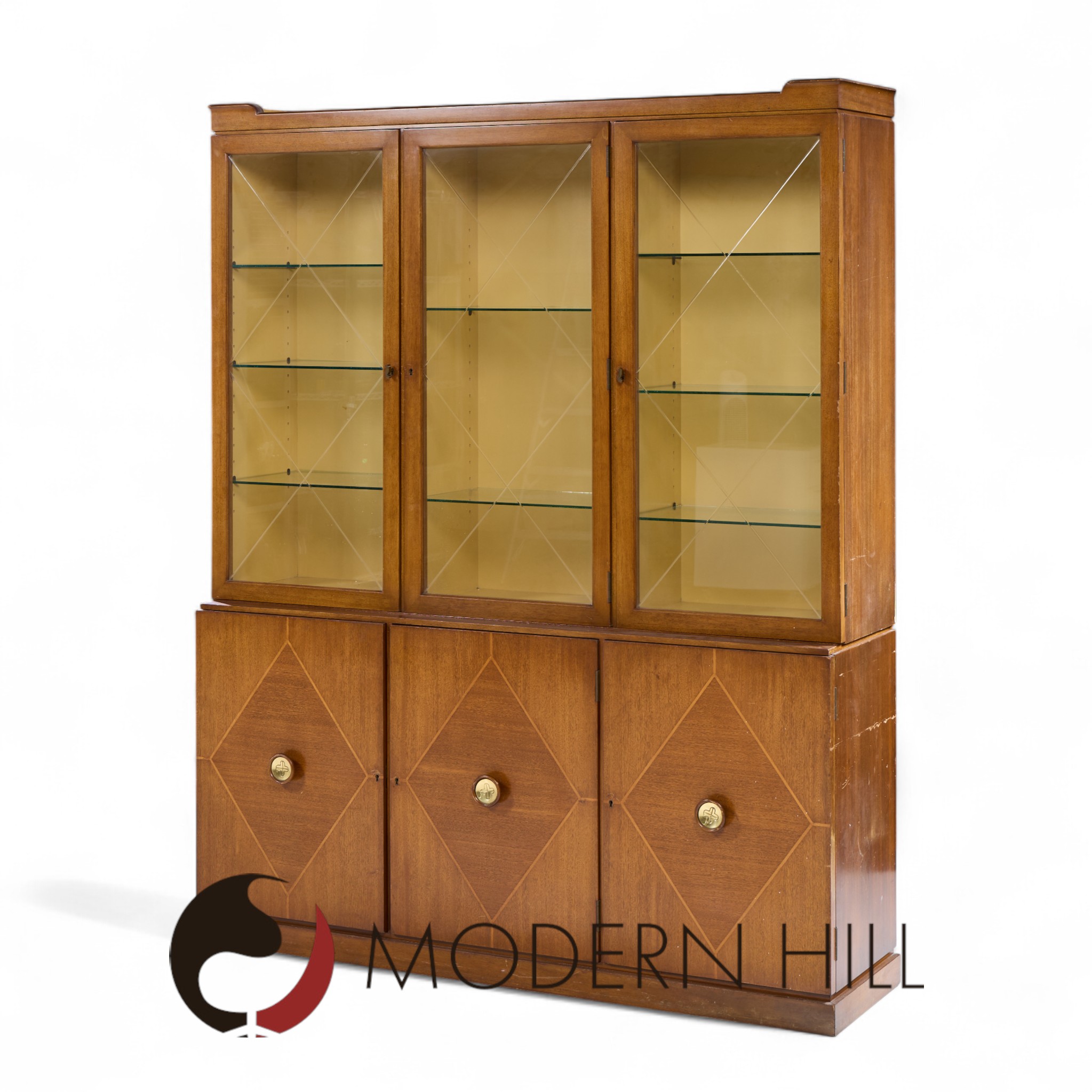 Tommi Parzinger for Charak Modern Mid Century Mahogany Breakfront China Cabinet