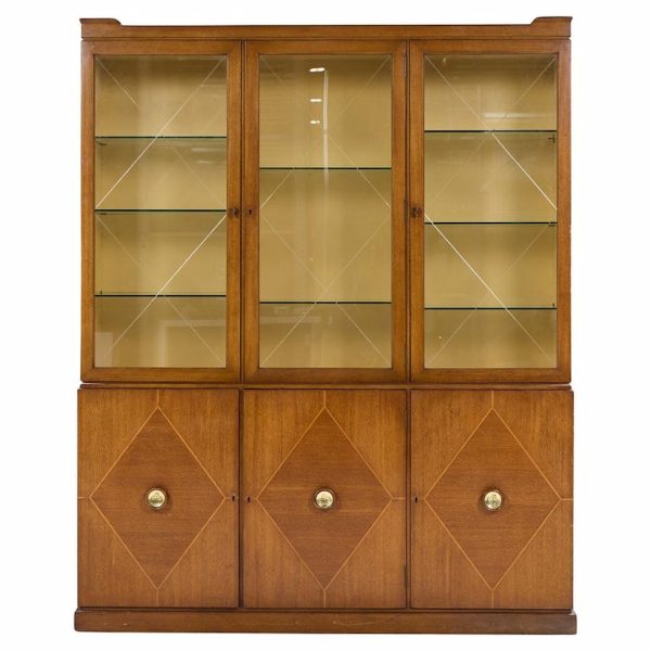 Tommi Parzinger for Charak Modern Mid Century Mahogany Breakfront China Cabinet