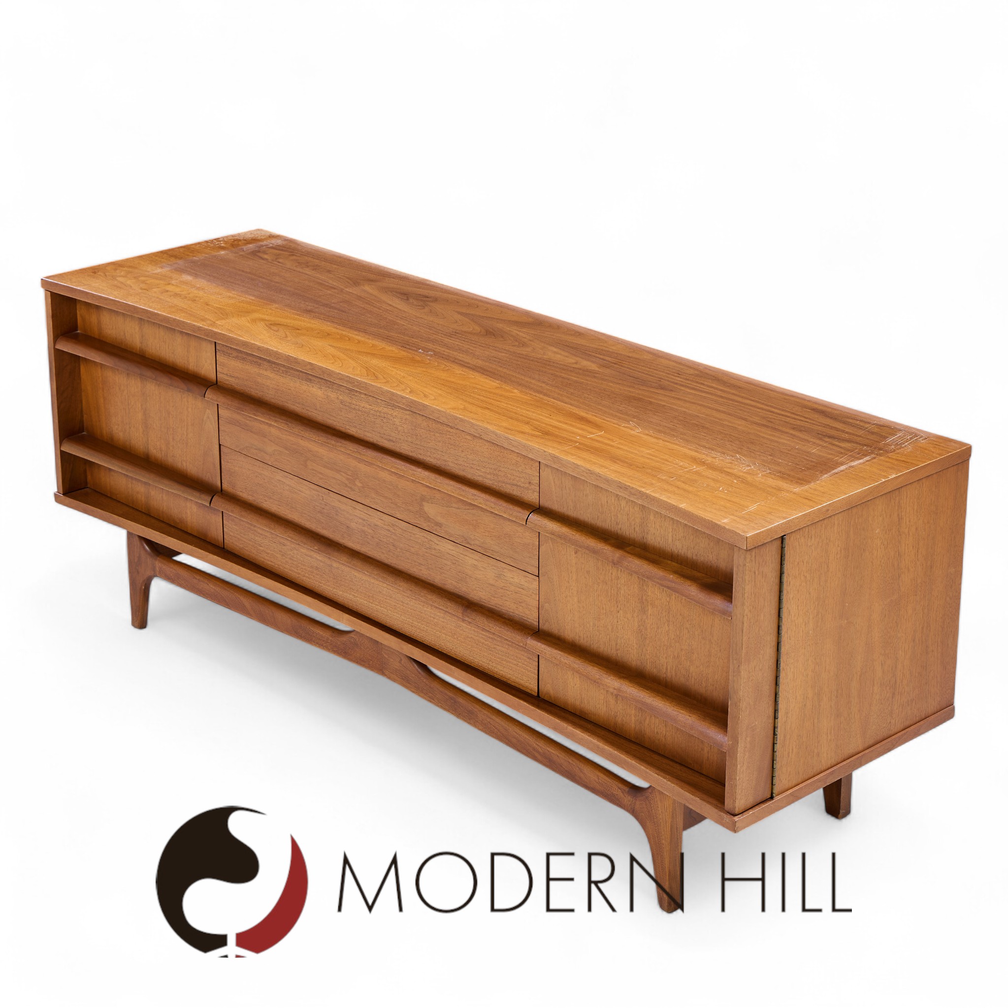 Young Manufacturing Mid Century Walnut Curved Credenza and Hutch