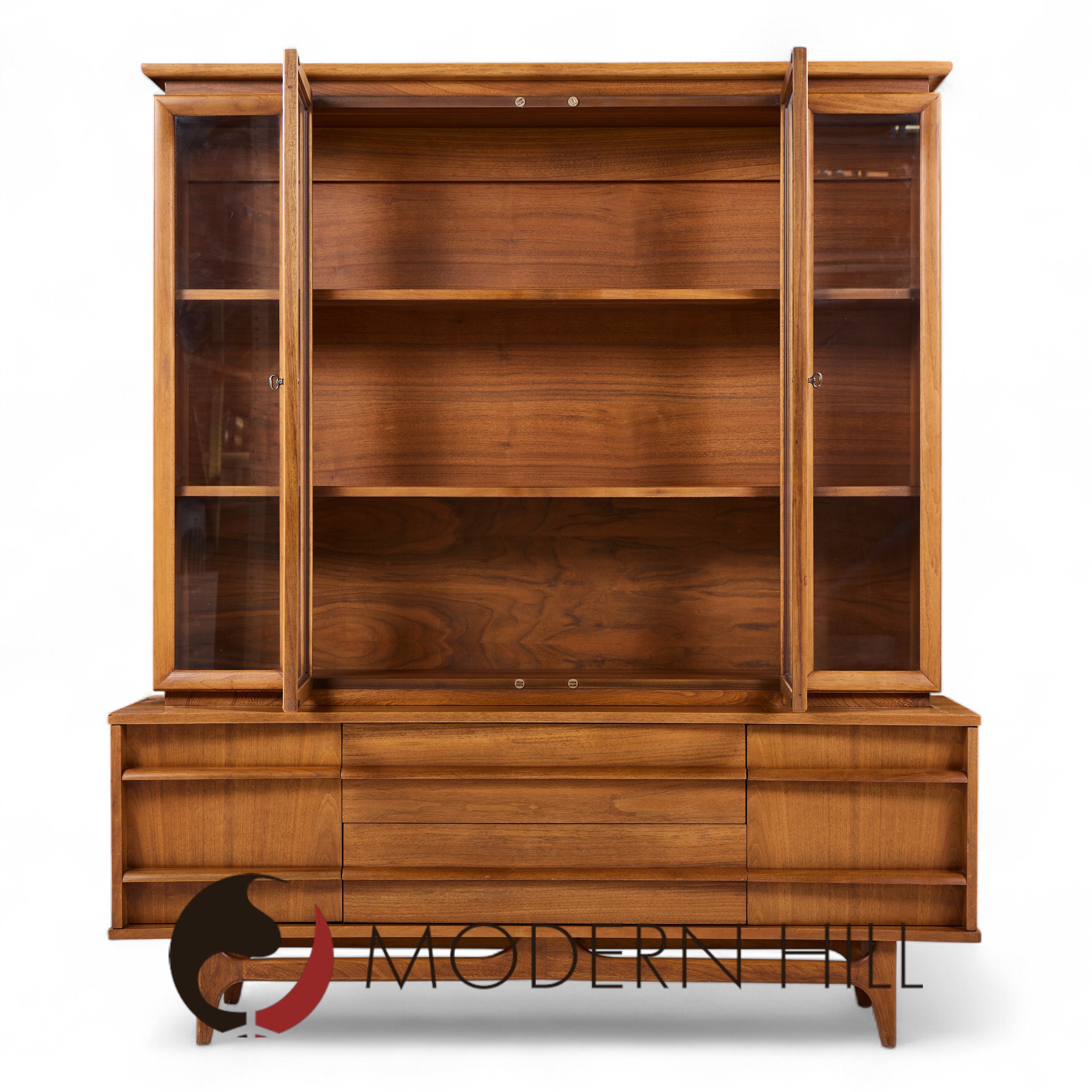 Young Manufacturing Mid Century Walnut Curved Credenza and Hutch
