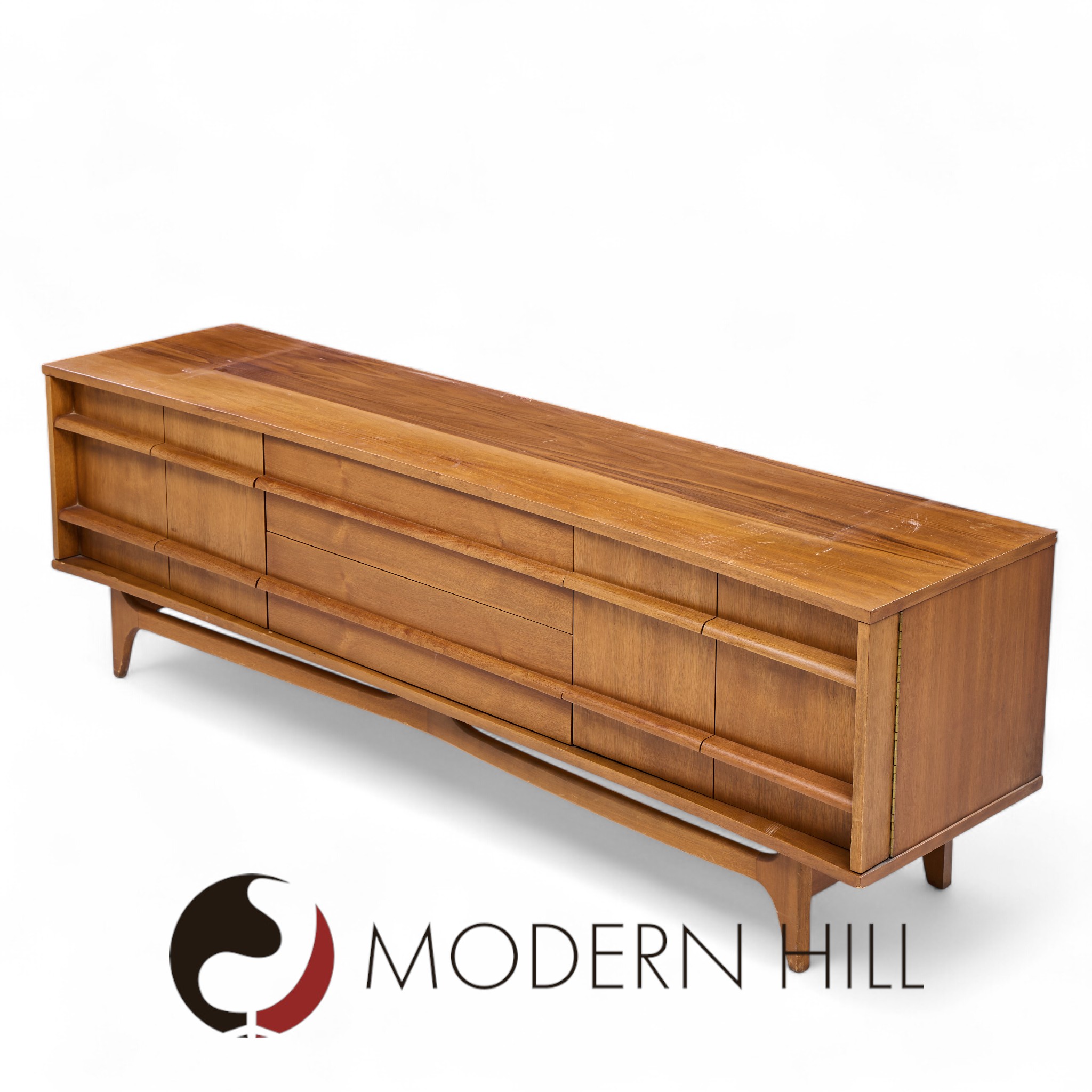 Young Manufacturing Mid Century Walnut Curverd Credenza and Hutch