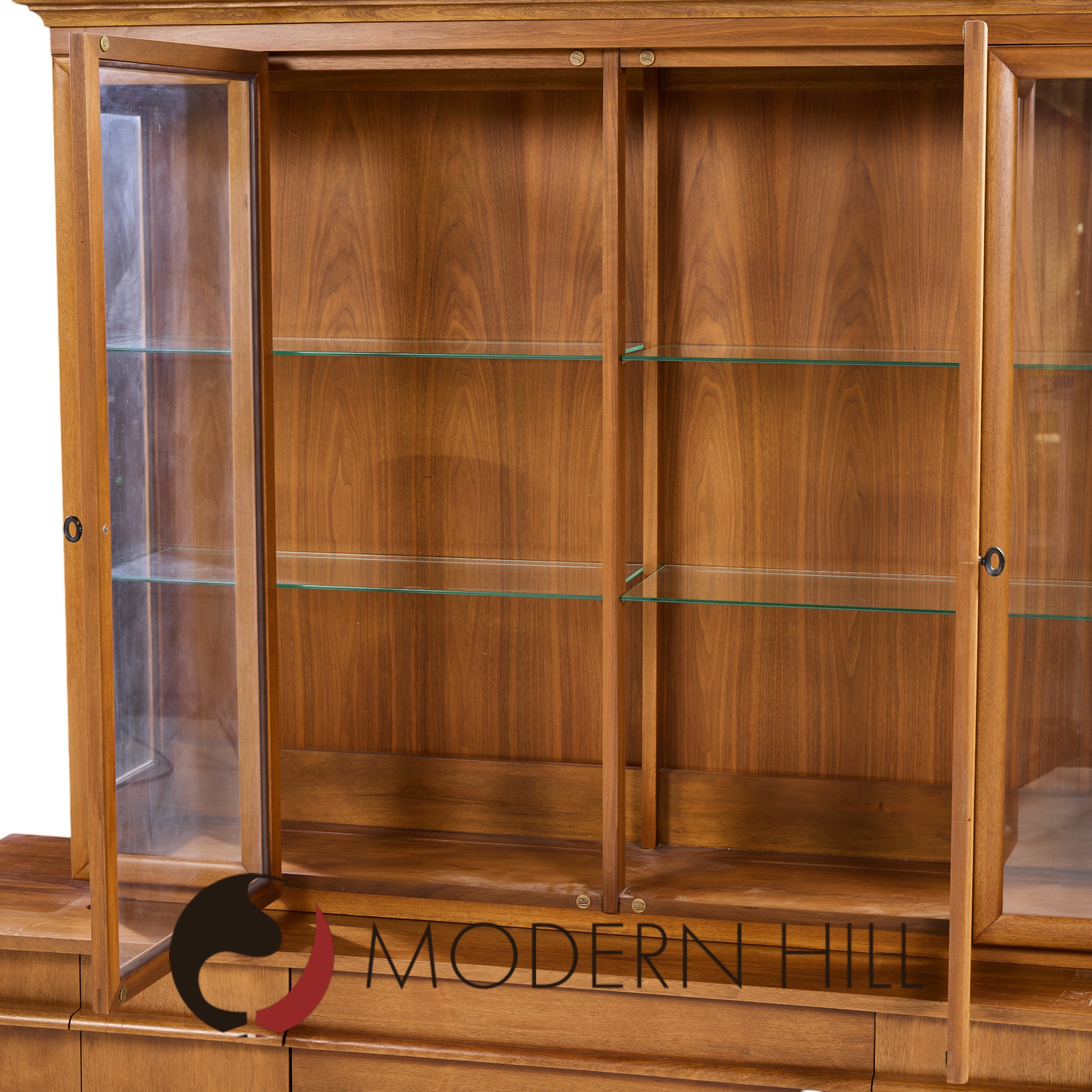 Young Manufacturing Mid Century Walnut Curverd Credenza and Hutch