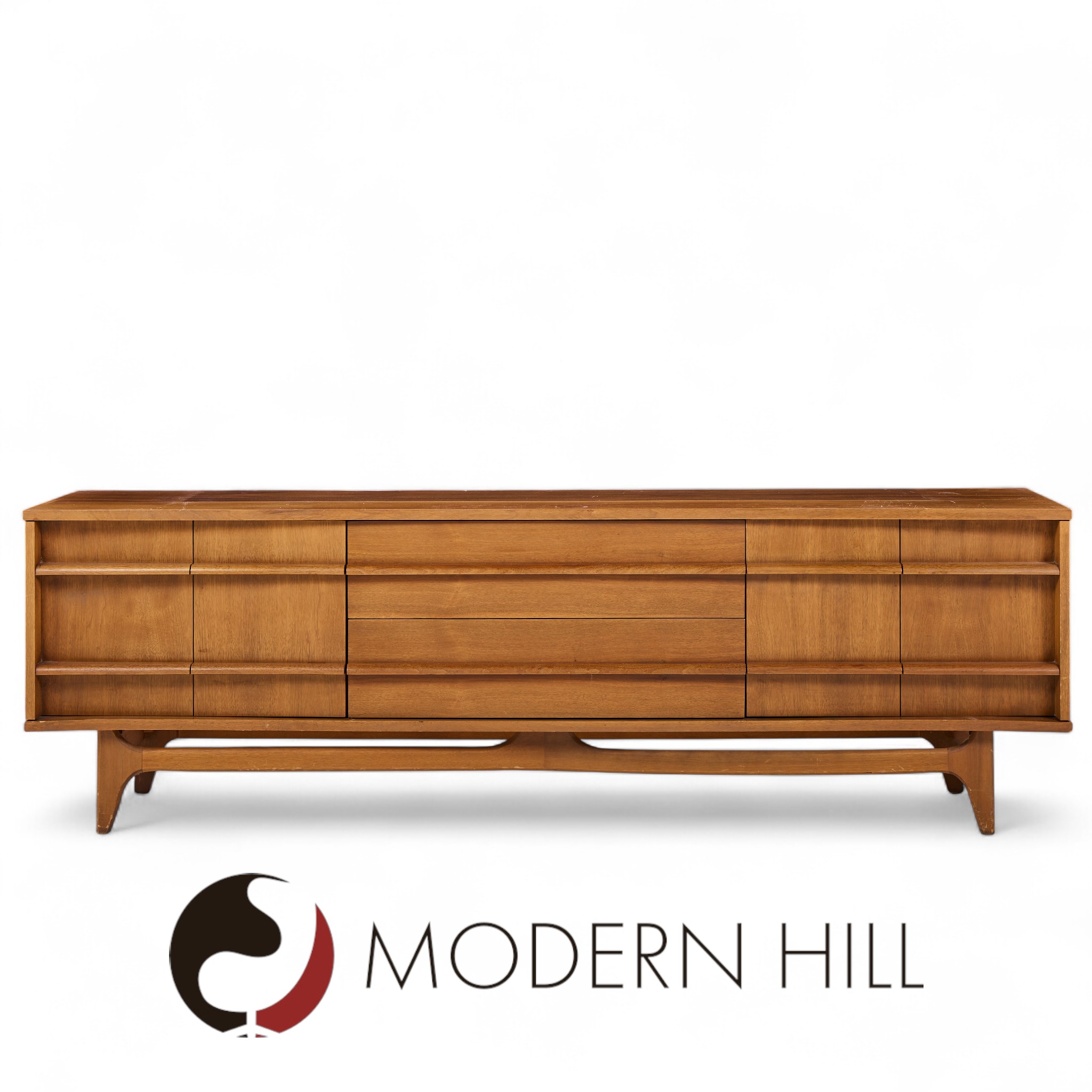Young Manufacturing Mid Century Walnut Curverd Credenza and Hutch