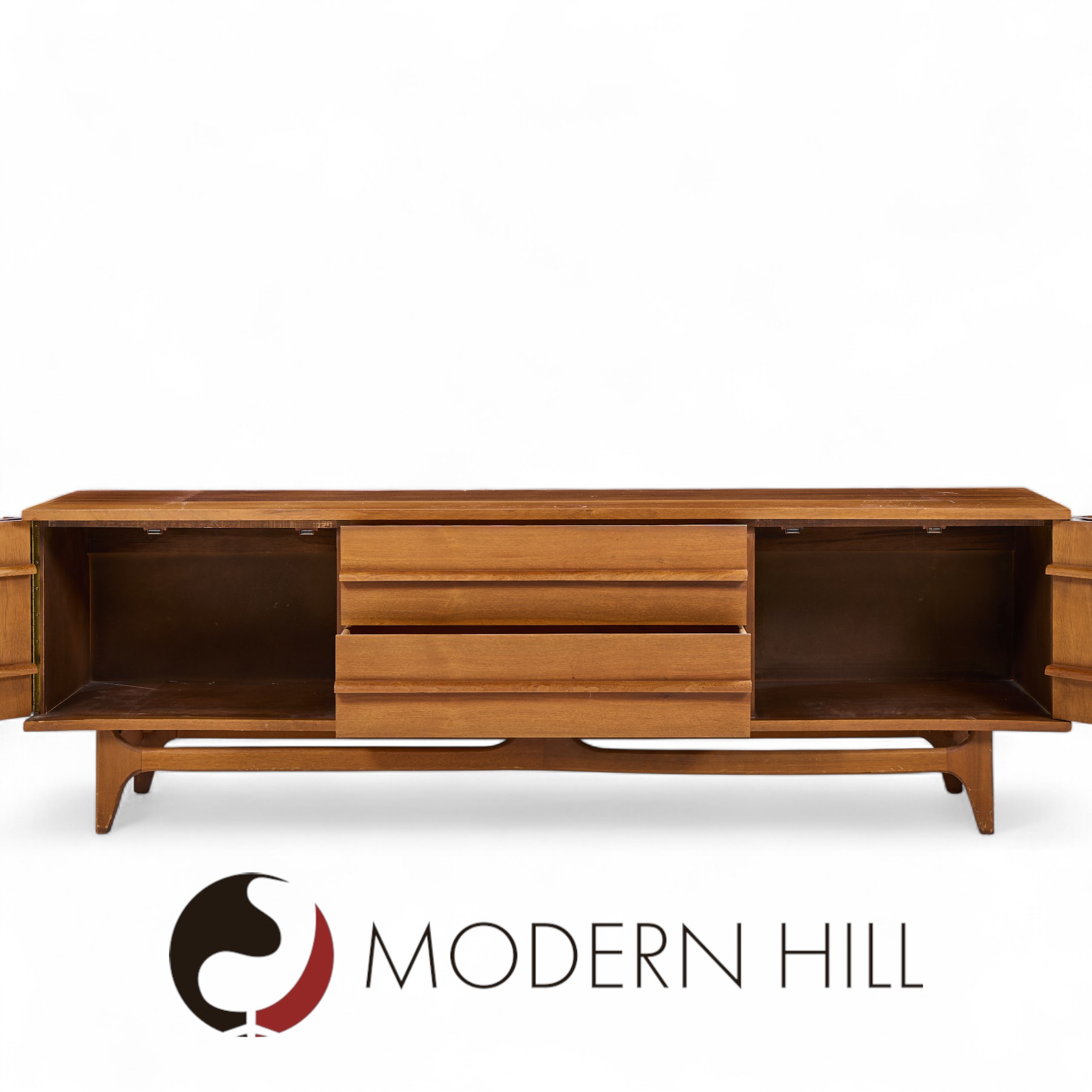 Young Manufacturing Mid Century Walnut Curverd Credenza and Hutch