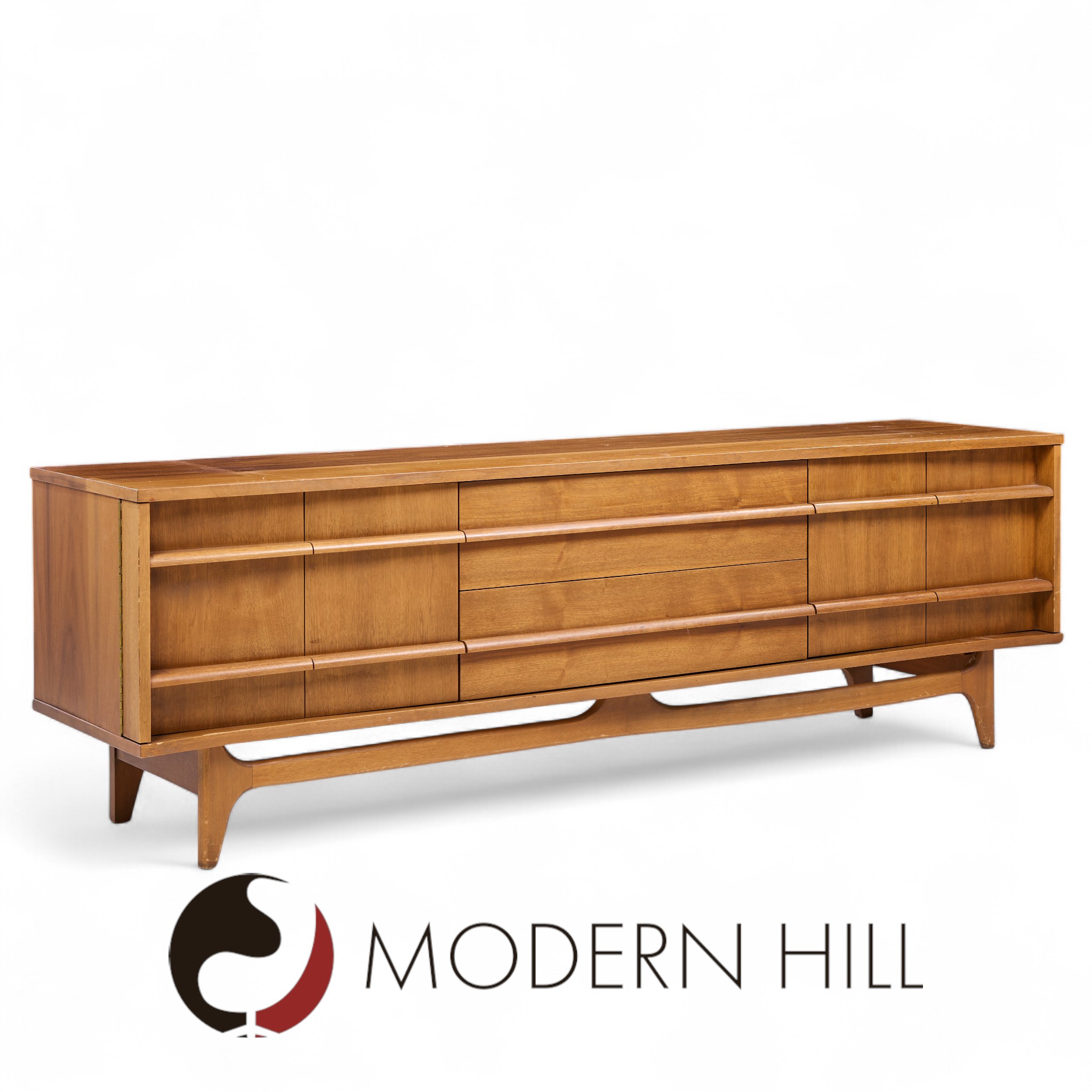 Young Manufacturing Mid Century Walnut Curverd Credenza and Hutch